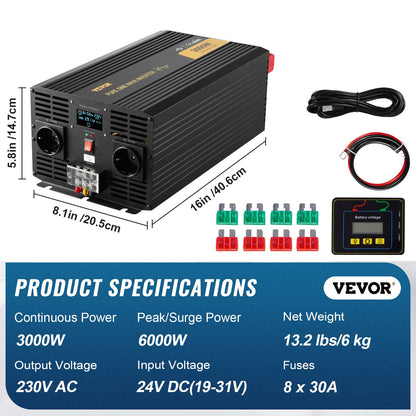 Pure Sine Wave Inverter, 3000 Watt, DC 24V to AC 230V Power Inverter Car Inverter, with USB Port LCD Display Remote Controller and EU Outlets, for RV Truck Car Solar System Travel Camping