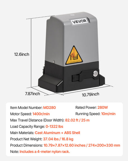 Automatic Gate Opener, 280W Electric Sliding Gate Opener for Doors up to 25m 816kg, Nylon Gear Rack Rolling Door Motor with Infrared Sensor & 2 Remote Controls, Driveway Gates Opening System
