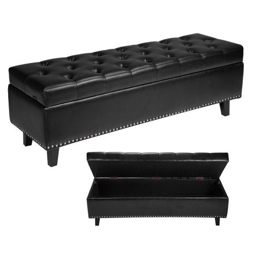 Button-Tufted Storage Ottoman Bench, PU Leather Bench with Storage and Solid Wood Legs, Modern Shoe Benches Seat for Entryway, Upholstered End of Bed Benches for Living Room, Dining Room, Black