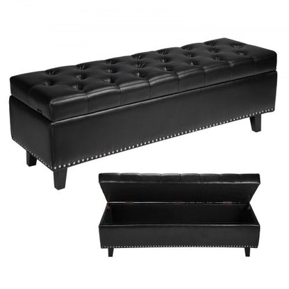 Button-Tufted Storage Ottoman Bench, PU Leather Bench with Storage and Solid Wood Legs, Modern Shoe Benches Seat for Entryway, Upholstered End of Bed Benches for Living Room, Dining Room, Black