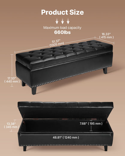 Button-Tufted Storage Ottoman Bench, PU Leather Bench with Storage and Solid Wood Legs, Modern Shoe Benches Seat for Entryway, Upholstered End of Bed Benches for Living Room, Dining Room, Black