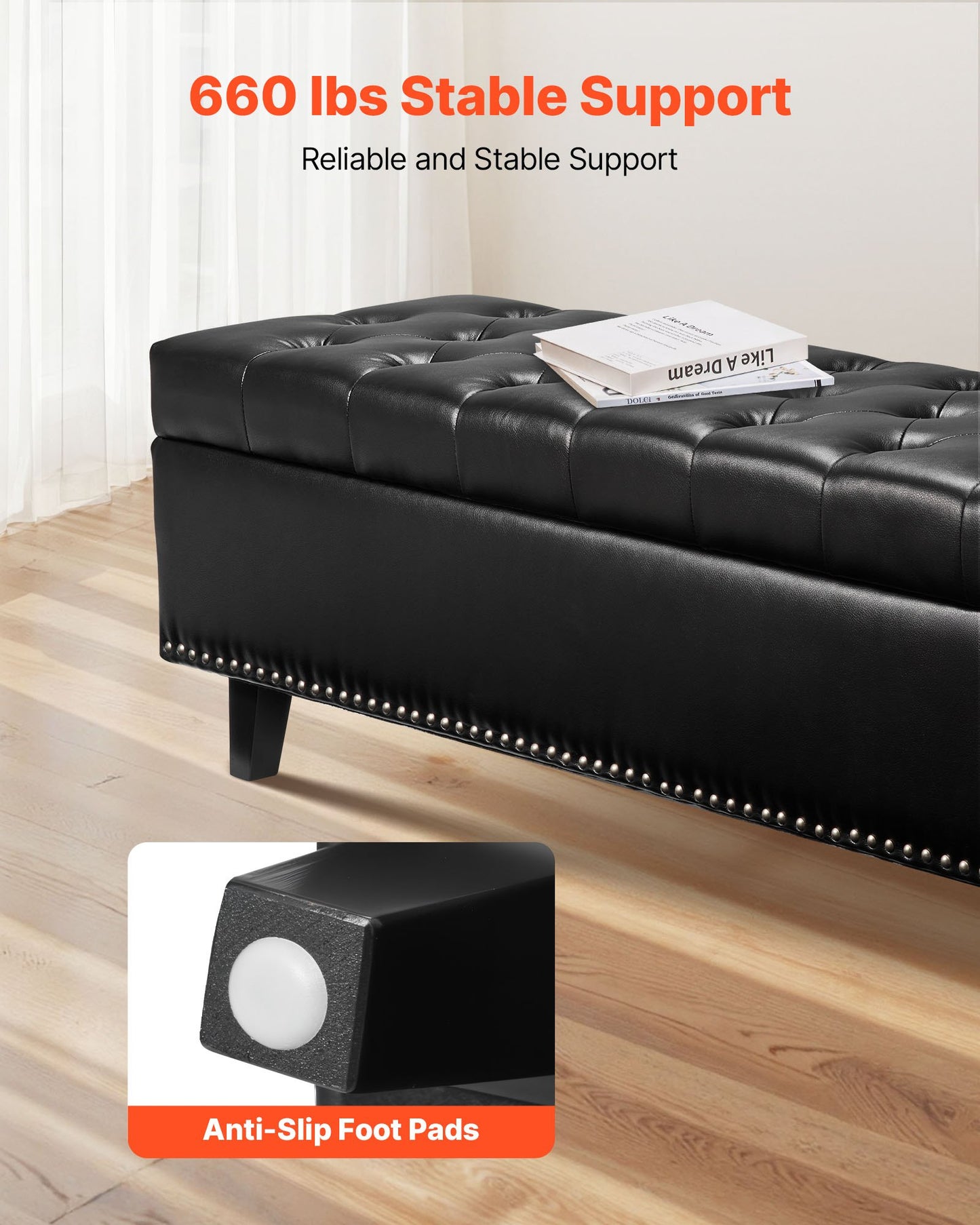 Button-Tufted Storage Ottoman Bench, PU Leather Bench with Storage and Solid Wood Legs, Modern Shoe Benches Seat for Entryway, Upholstered End of Bed Benches for Living Room, Dining Room, Black