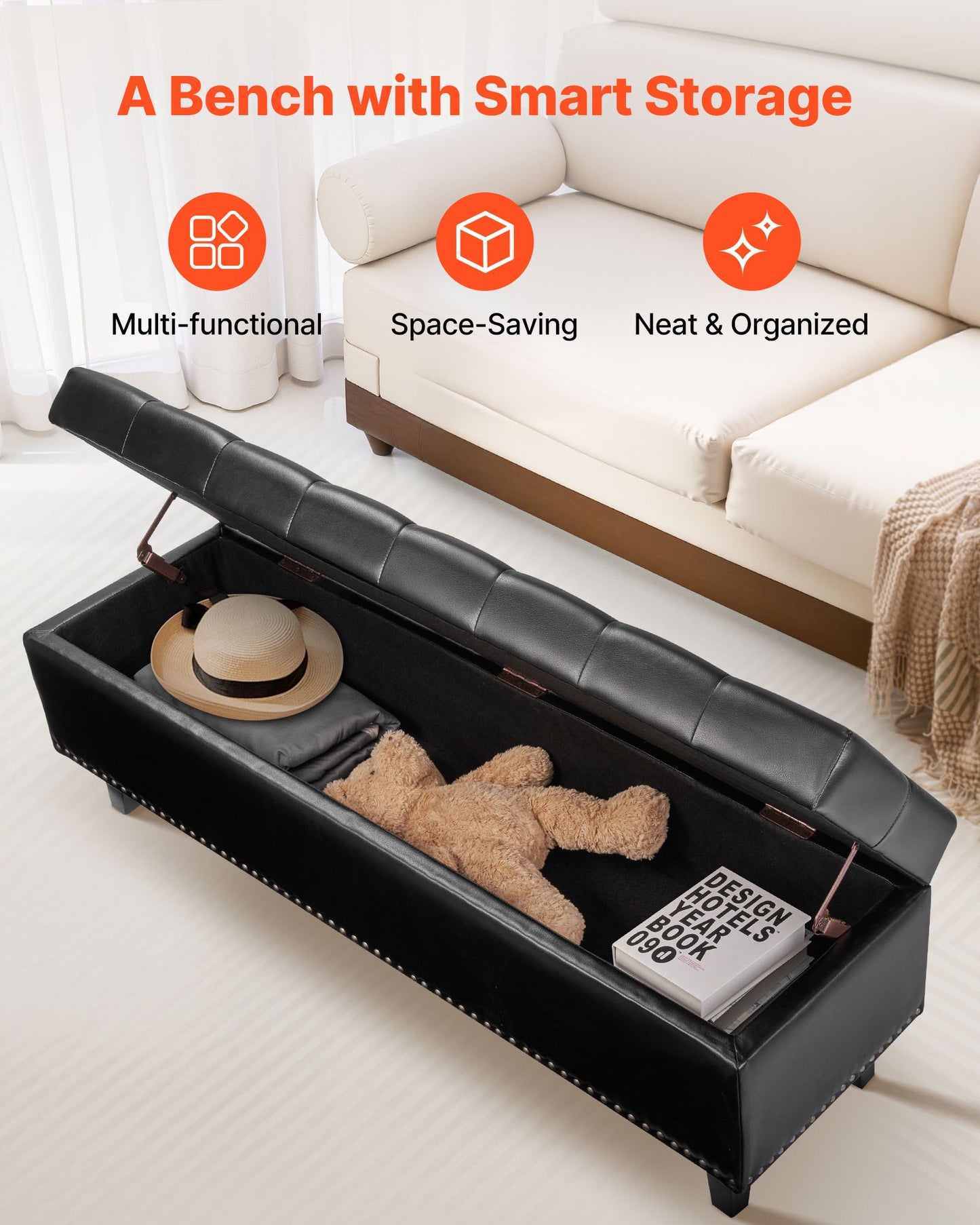 Button-Tufted Storage Ottoman Bench, PU Leather Bench with Storage and Solid Wood Legs, Modern Shoe Benches Seat for Entryway, Upholstered End of Bed Benches for Living Room, Dining Room, Black