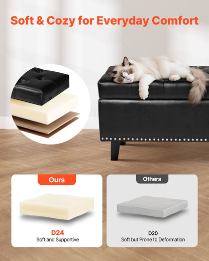 Button-Tufted Storage Ottoman Bench, PU Leather Bench with Storage and Solid Wood Legs, Modern Shoe Benches Seat for Entryway, Upholstered End of Bed Benches for Living Room, Dining Room, Black