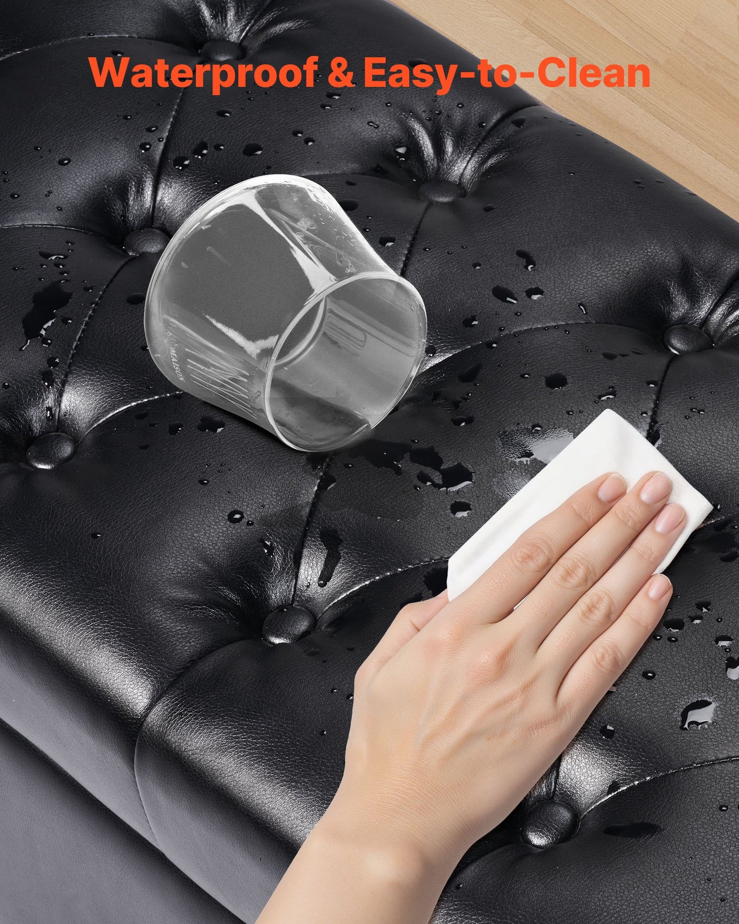 Button-Tufted Storage Ottoman Bench, PU Leather Bench with Storage and Solid Wood Legs, Modern Shoe Benches Seat for Entryway, Upholstered End of Bed Benches for Living Room, Dining Room, Black