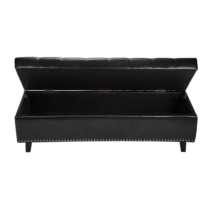 Button-Tufted Storage Ottoman Bench, PU Leather Bench with Storage and Solid Wood Legs, Modern Shoe Benches Seat for Entryway, Upholstered End of Bed Benches for Living Room, Dining Room, Black
