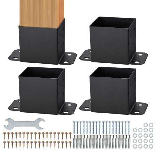 152.4x152.4 Post Base 4 Pcs, Inner Size 142x142 Post Base Brackets, Heavy Duty Powder-Coated Post Anchor Matte Black Wood Post Brackets for Pavilion Deck Railing Support Deck Base Plate