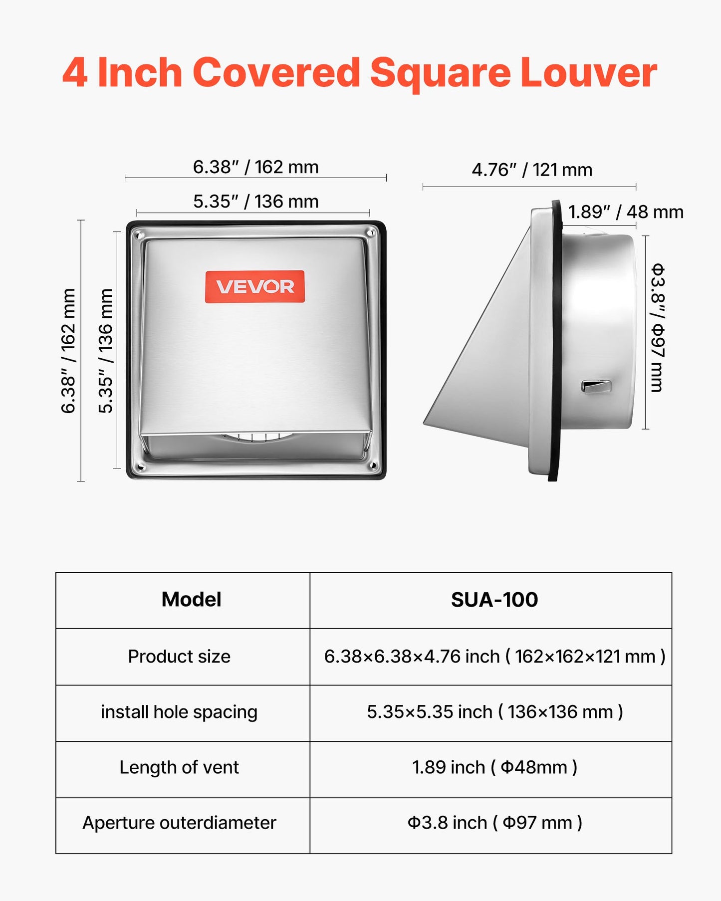 97mm External Extractor Wall Vent Cover, Square AC Vent Gable Cover, Premium Stainless Steel & with Built-in a Protection Screen, for House,Bathroom,Garage,Kitchen,Basement (1 Pack, Silver)