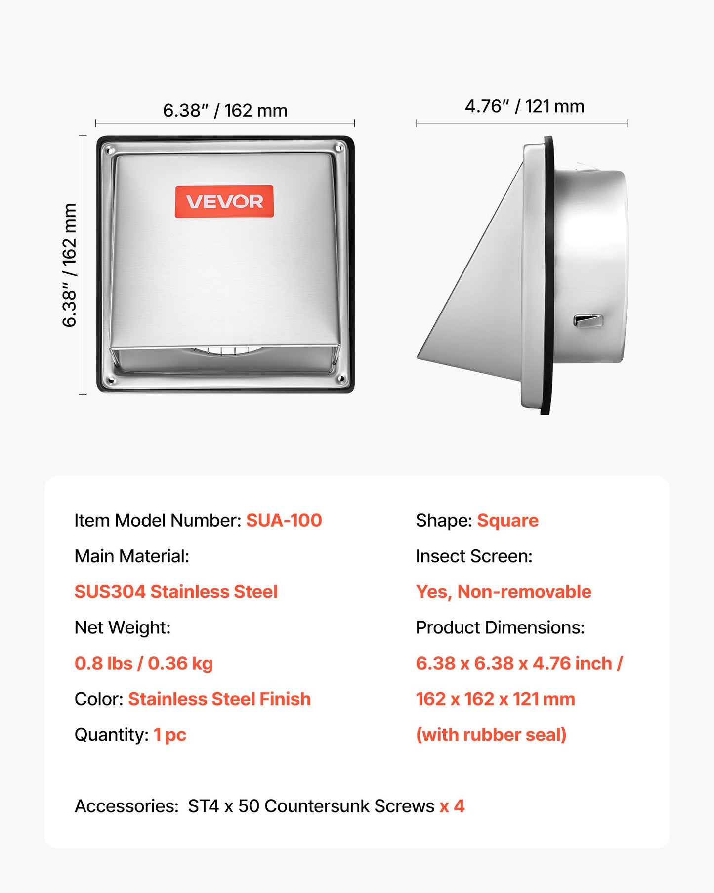 97mm External Extractor Wall Vent Cover, Square AC Vent Gable Cover, Premium Stainless Steel & with Built-in a Protection Screen, for House,Bathroom,Garage,Kitchen,Basement (1 Pack, Silver)