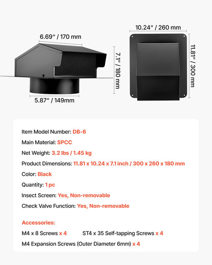 149 mm Hooded Wall Vent Cover, Square AC Vent Gable Cover, Premium SPCC Steel & with Built-in a Protection Screen, for Roofs,Walls,Outside Duct Exhaust Outlets (1 Pack, Black)