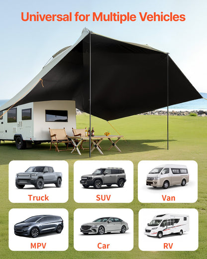 Vehicle Awning, Large 10' x 7' Shade Coverage Car Side Awning, PU2000mm UV50+ Car Awning with Extended Side Canopies and Portable Storage Bag, Suitable for Truck, SUV, Van, Campers