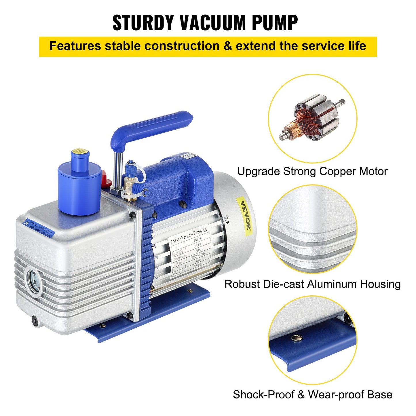 Vacuum Pump, 10CFM 1 HP, Two-Stage Rotary Vane Vacuum Pump, 220V 5 PA Facility HVAC Refrigerant Air Tool for HVAC, Auto AC Refrigerant Recharging, Wine Degassing and Food Processing, Blue