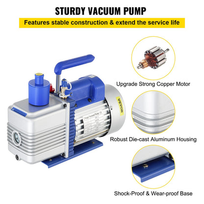 Vacuum Pump, 10CFM 1 HP, Two-Stage Rotary Vane Vacuum Pump, 220V 5 PA Facility HVAC Refrigerant Air Tool for HVAC, Auto AC Refrigerant Recharging, Wine Degassing and Food Processing, Blue