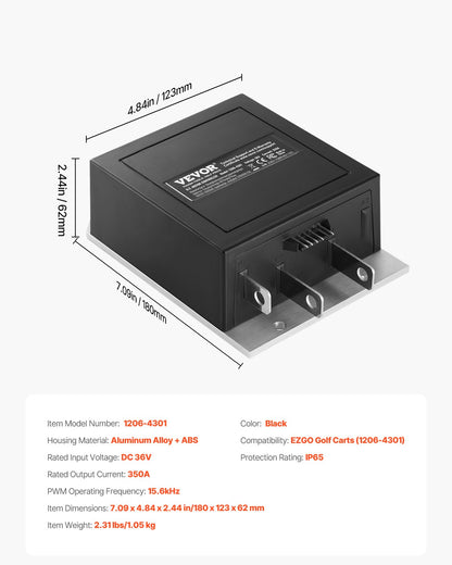 Golf Cart Speed Controller, 36V and 350A, DC Motor Controller Replacement for 1994-2019 EZGO Golf Carts, IP65 Rated Protection, Aluminum Alloy & ABS Housing, Compatible with 1206-4301 Models