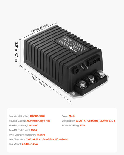 Golf Cart Speed Controller, 48 Volt & 250 Amp, DC Motor Controller Replacement for EZGO TXT Golf Carts, IP65 Rated Protection, Aluminum Alloy & ABS Housing, Compatible with 1206HB-5201 Models