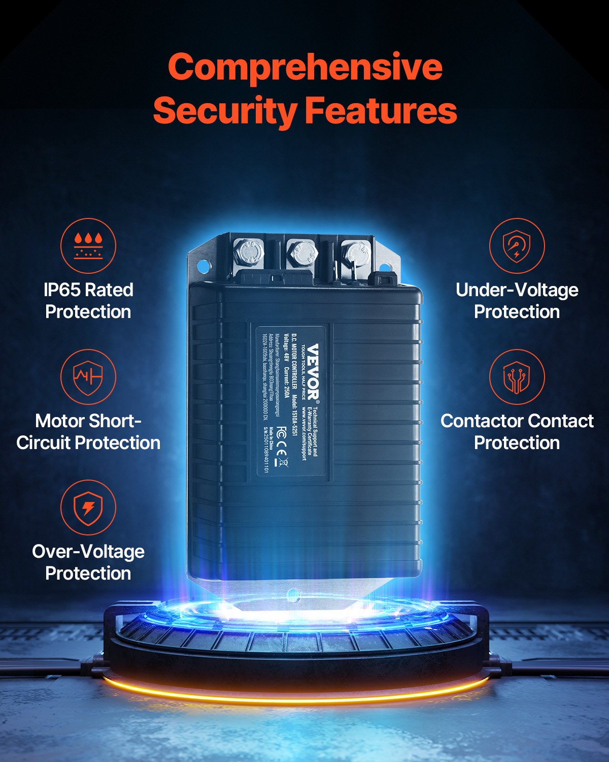 Golf Cart Speed Controller, 48V & 250A, DC Motor Controller Replacement for 2000-2008 Club Car Golf Carts, IP65 Rated Protection, Aluminum Alloy & ABS Housing, Compatible with 1510A-5251 Models