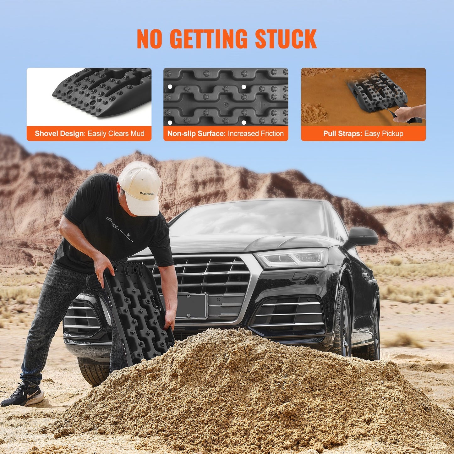 10 TON Traction Boards with PP Material, Recovery Boards for Off-road Vehicles/Cars/Pickups/SUVs/RVs, Pair Tire Traction Mats on Snow, Sand, Mud and Loose Terrain, Storage Bag, Short, Black