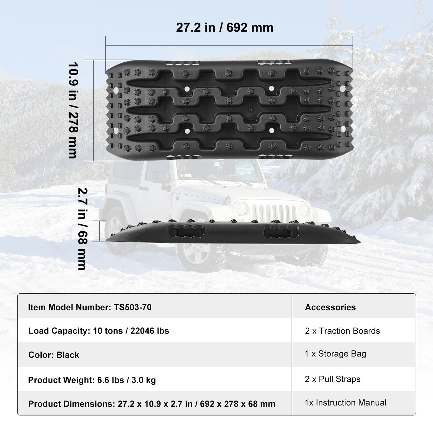 10 TON Traction Boards with PP Material, Recovery Boards for Off-road Vehicles/Cars/Pickups/SUVs/RVs, Pair Tire Traction Mats on Snow, Sand, Mud and Loose Terrain, Storage Bag, Short, Black