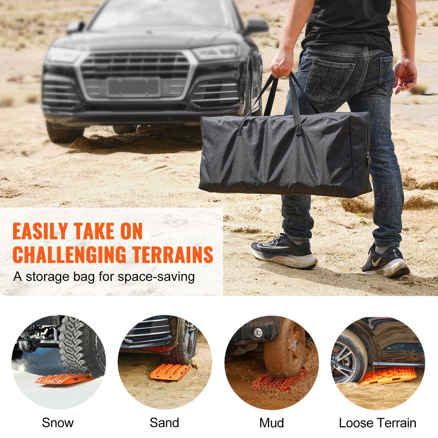 10 TON Traction Boards with PP Material, Recovery Boards for Off-road Vehicles/Cars/Pickups/SUVs/RVs, Pair Tire Traction Mats on Snow, Sand, Mud and Loose Terrain, Storage Bag, Short, Orange