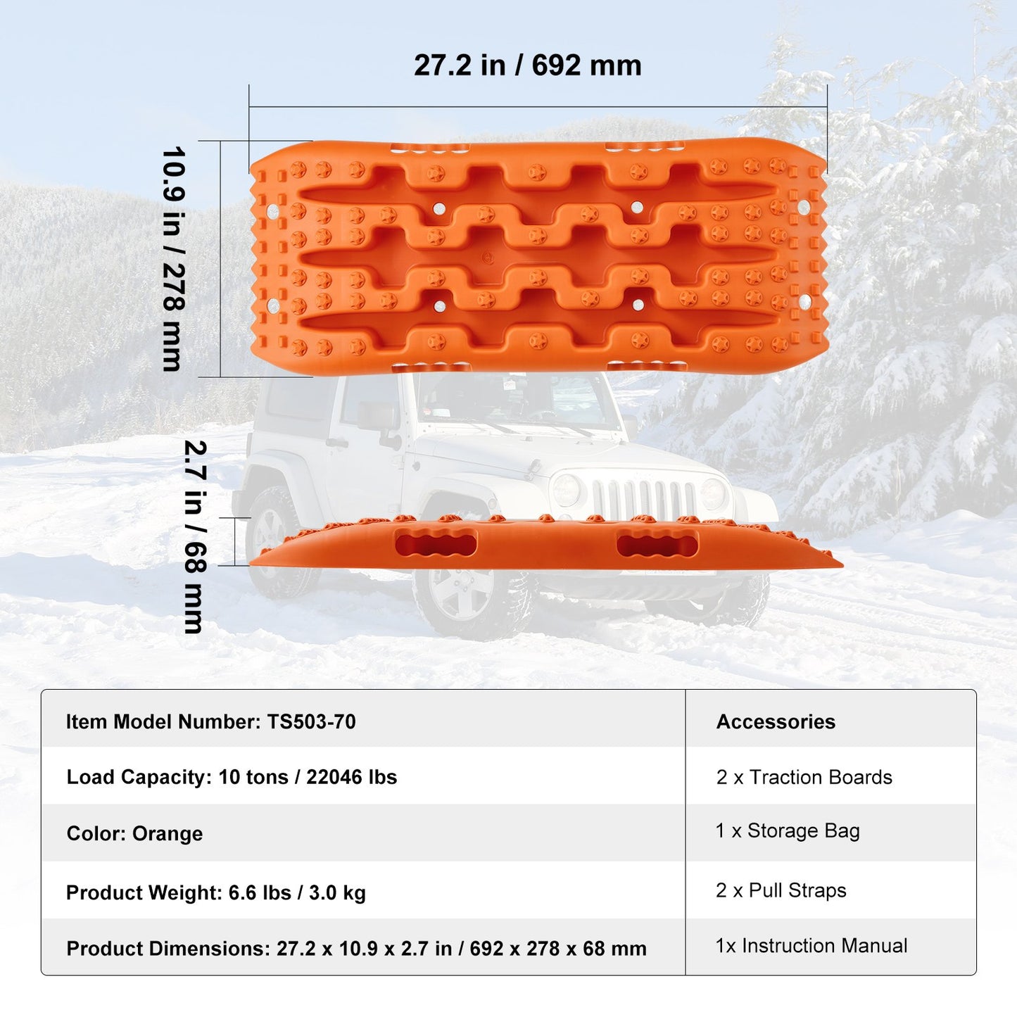 10 TON Traction Boards with PP Material, Recovery Boards for Off-road Vehicles/Cars/Pickups/SUVs/RVs, Pair Tire Traction Mats on Snow, Sand, Mud and Loose Terrain, Storage Bag, Short, Orange
