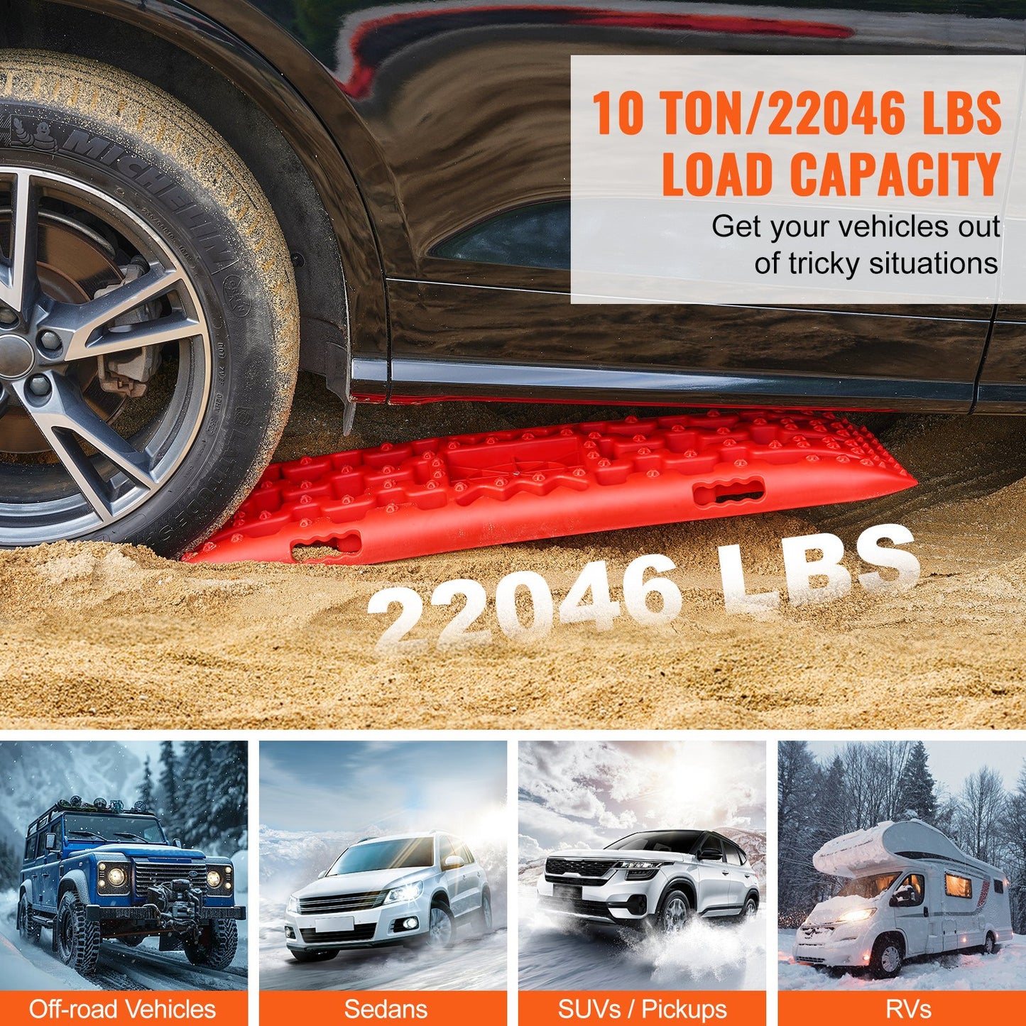 10 TON Traction Boards with PP Material, Recovery Boards for Off-road Vehicles/Cars/Pickups/SUVs/RVs, Pair Tire Traction Mats on Snow, Sand, Mud and Loose Terrain, Storage Bag, Long, Red