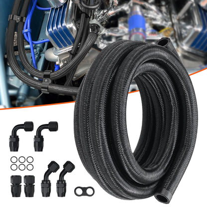 10AN Fuel Line Kit, 10 FT Fuel Hose Kit, 0.55" Nylon Stainless Steel Braided Fuel Line Oil/Gas/Diesel Hose End Fitting Kit, with 7 PCS Swivel Fitting Adapter Kit, Black