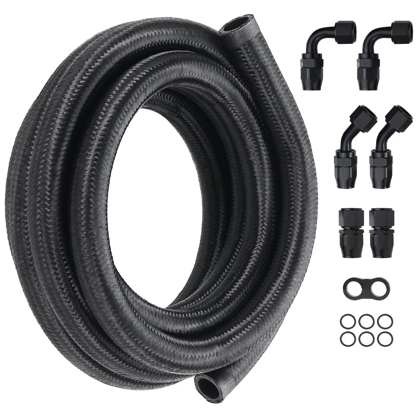 10AN Fuel Line Kit, 10 FT Fuel Hose Kit, 0.55" Nylon Stainless Steel Braided Fuel Line Oil/Gas/Diesel Hose End Fitting Kit, with 7 PCS Swivel Fitting Adapter Kit, Black