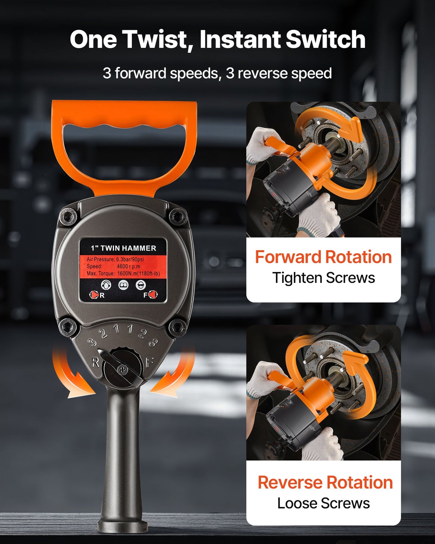 1-Inch Air Impact Wrench, Twin Hammer Air Impact Gun, Up to 1626N.m Reverse Torque, 4600RPM 6-Speed Pneumatic Wrench for Heavy Duty Auto Repairs and Maintenance