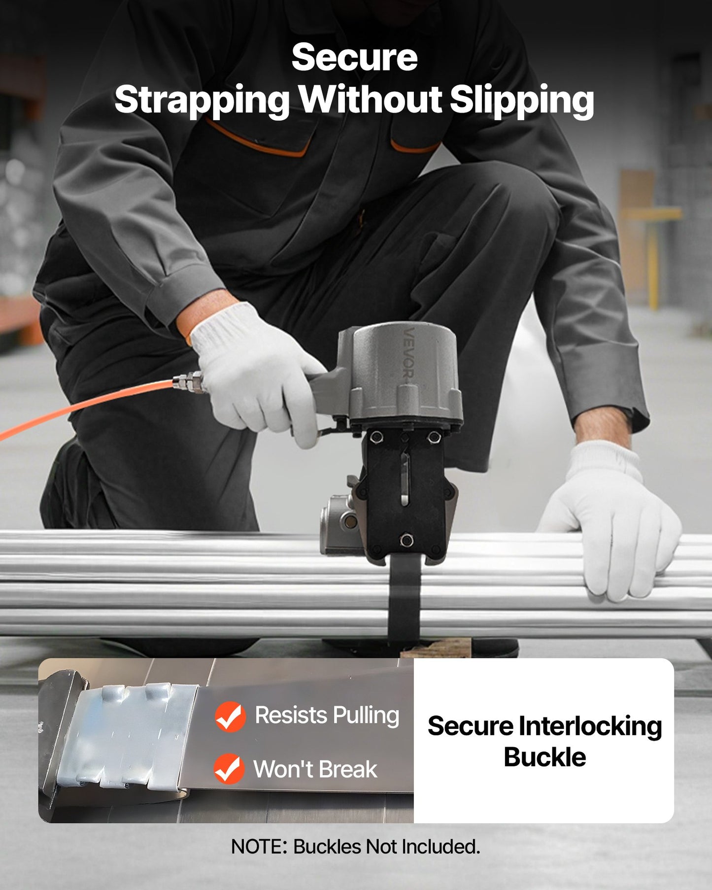 Pneumatic Steel Strapping Machine, 8500 N Tension Force, Metal Strapping Tool Tensioner and Cutter Sealer for 32 mm Width Metal Belt, Heavy Duty Split Type Baler for High Tensile Packaging