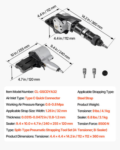 Pneumatic Steel Strapping Machine, 8500 N Tension Force, Metal Strapping Tool Tensioner and Cutter Sealer for 32 mm Width Metal Belt, Heavy Duty Split Type Baler for High Tensile Packaging