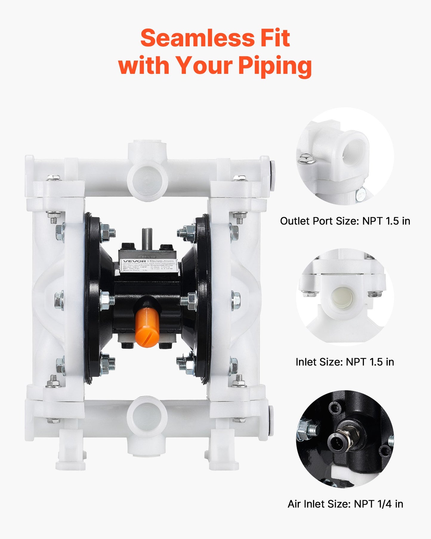Air Operated Double Diaphragm Pump, 16.66 LPM Max, Standard Inlet & Outlet Air Pneumatic Waste Oil Transfer Pump, Polypropylene Body, Dual Diaphragms, for Diesel, Grease, Kerosene, Gasoline