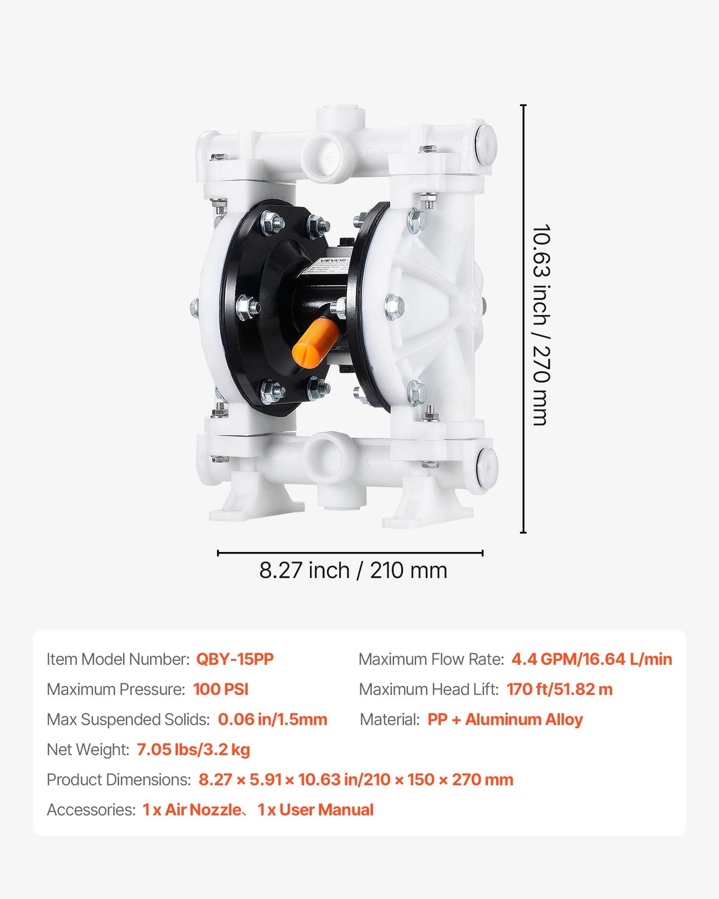 Air Operated Double Diaphragm Pump, 16.66 LPM Max, Standard Inlet & Outlet Air Pneumatic Waste Oil Transfer Pump, Polypropylene Body, Dual Diaphragms, for Diesel, Grease, Kerosene, Gasoline
