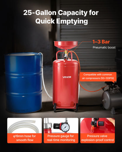 95L Waste Oil Drain Tank, Air Operated Portable Oil Drainer with Adjustable Funnel Height, Industrial Fluid Drain Tank with Wheels, Fluid Fuel Transfer Drainage for Auto Repair Shops, Red