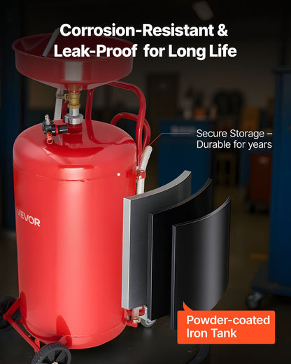 95L Waste Oil Drain Tank, Air Operated Portable Oil Drainer with Adjustable Funnel Height, Industrial Fluid Drain Tank with Wheels, Fluid Fuel Transfer Drainage for Auto Repair Shops, Red