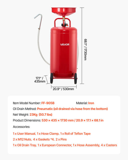 95L Waste Oil Drain Tank, Air Operated Portable Oil Drainer with Adjustable Funnel Height, Industrial Fluid Drain Tank with Wheels, Fluid Fuel Transfer Drainage for Auto Repair Shops, Red