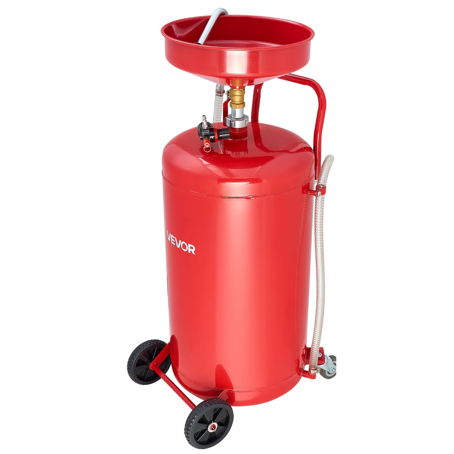 95L Waste Oil Drain Tank, Air Operated Portable Oil Drainer with Adjustable Funnel Height, Industrial Fluid Drain Tank with Wheels, Fluid Fuel Transfer Drainage for Auto Repair Shops, Red