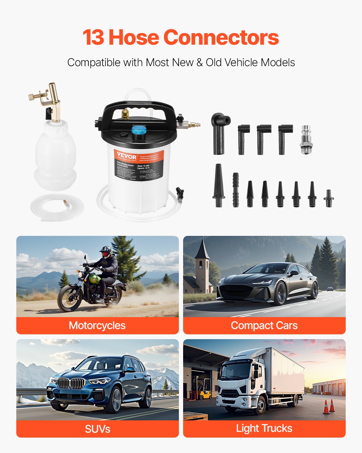 Brake Bleeder Kit, 3L Brake Fluid Extractor with 1L Siphon Refilling Bottle & 13 Hose Connectors, Complete Brake Fluid Bleeder Kit with Extended Silicone Hose & Handle, Fit for Most Vehicles