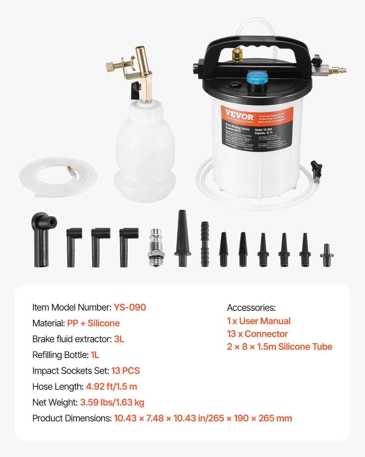 Brake Bleeder Kit, 3L Brake Fluid Extractor with 1L Siphon Refilling Bottle & 13 Hose Connectors, Complete Brake Fluid Bleeder Kit with Extended Silicone Hose & Handle, Fit for Most Vehicles