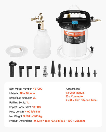 Brake Bleeder Kit, 3L Brake Fluid Extractor with 1L Siphon Refilling Bottle & 13 Hose Connectors, Complete Brake Fluid Bleeder Kit with Extended Silicone Hose & Handle, Fit for Most Vehicles