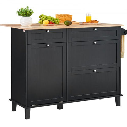 Kitchen Island Cart, 50" Wood Top Breakfast Bar with Trash Cabinet Tilt Out 10 Gallon Storage, Farmhouse Dining Living Room Table with Drop Leaf, Towel Bar, Drawer, Black