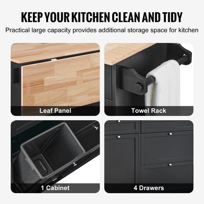 Kitchen Island Cart, 50" Wood Top Breakfast Bar with Trash Cabinet Tilt Out 10 Gallon Storage, Farmhouse Dining Living Room Table with Drop Leaf, Towel Bar, Drawer, Black