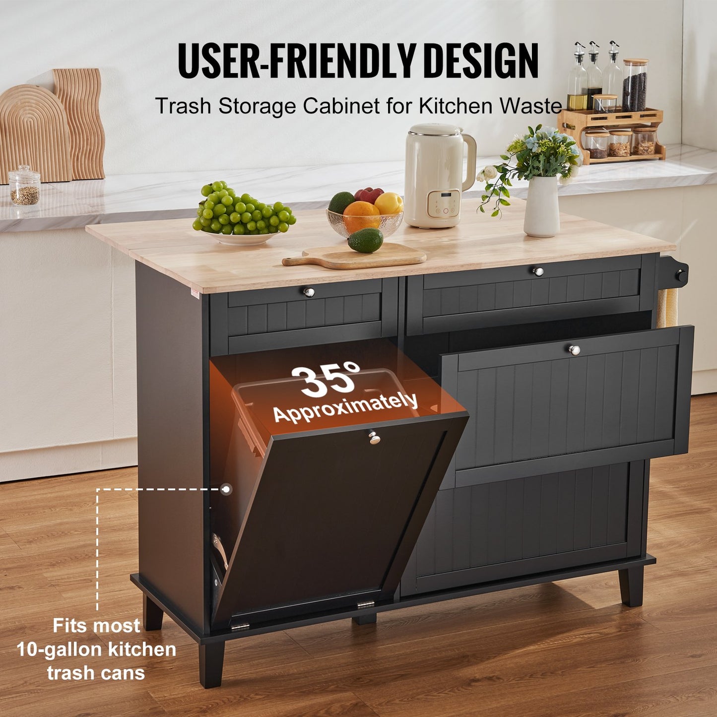 Kitchen Island Cart, 50" Wood Top Breakfast Bar with Trash Cabinet Tilt Out 10 Gallon Storage, Farmhouse Dining Living Room Table with Drop Leaf, Towel Bar, Drawer, Black