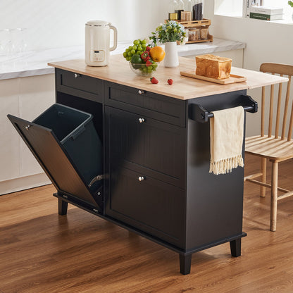 Kitchen Island Cart, 50" Wood Top Breakfast Bar with Trash Cabinet Tilt Out 10 Gallon Storage, Farmhouse Dining Living Room Table with Drop Leaf, Towel Bar, Drawer, Black
