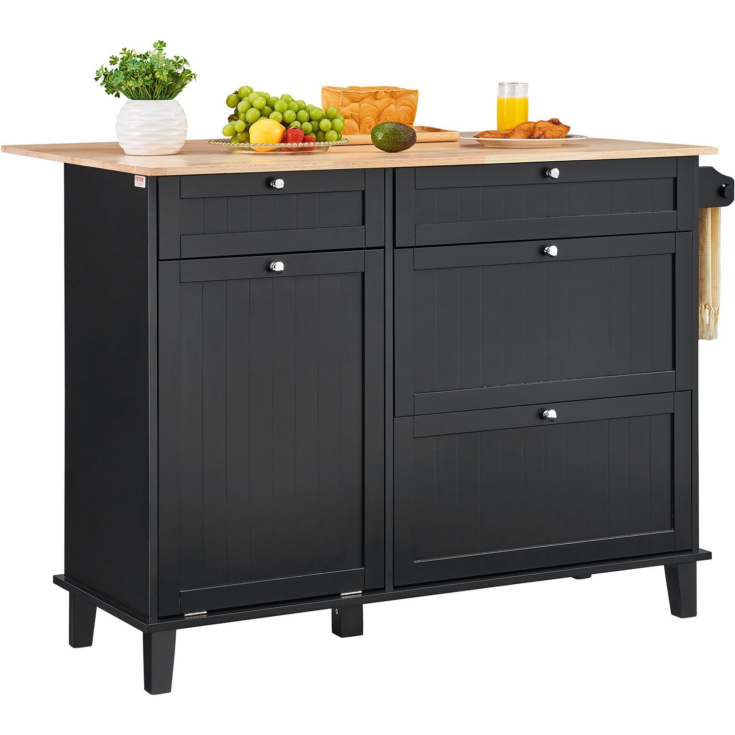 Kitchen Island Cart, 50" Wood Top Breakfast Bar with Trash Cabinet Tilt Out 10 Gallon Storage, Farmhouse Dining Living Room Table with Drop Leaf, Towel Bar, Drawer, Black