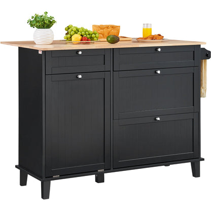 Kitchen Island Cart, 50" Wood Top Breakfast Bar with Trash Cabinet Tilt Out 10 Gallon Storage, Farmhouse Dining Living Room Table with Drop Leaf, Towel Bar, Drawer, Black