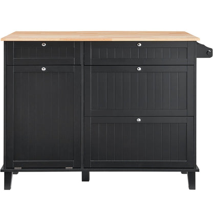 Kitchen Island Cart, 50" Wood Top Breakfast Bar with Trash Cabinet Tilt Out 10 Gallon Storage, Farmhouse Dining Living Room Table with Drop Leaf, Towel Bar, Drawer, Black