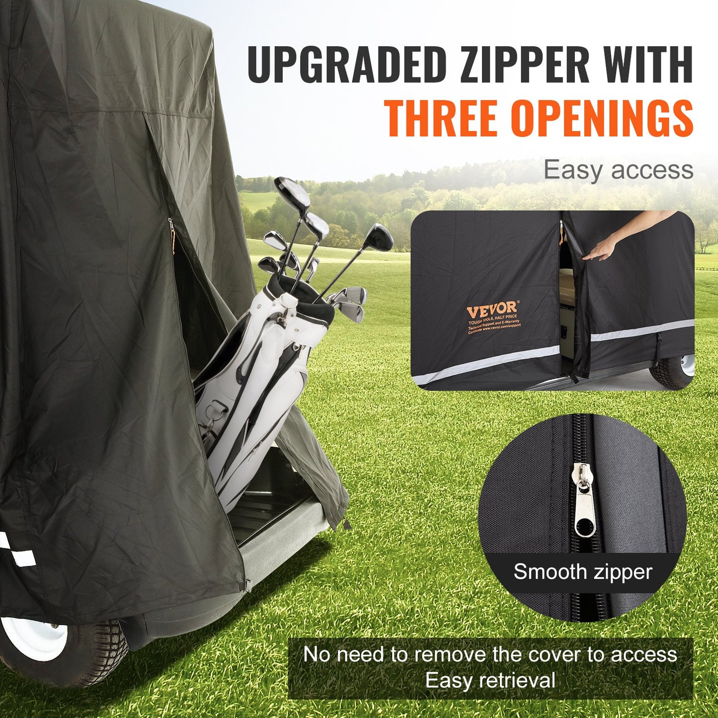 2+2 Passenger Golf Cart Cover, 600D Polyester Full Cover, Suitable for 2+2 Golf Carts, Waterproof, Sunproof, and Dustproof Outdoor Golf Cart Cover with Three Zipper Doors, Black