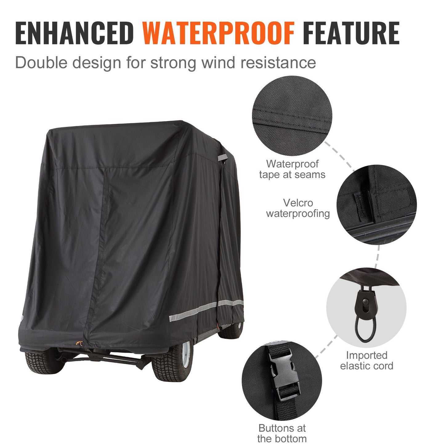 2+2 Passenger Golf Cart Cover, 600D Polyester Full Cover, Suitable for 2+2 Golf Carts, Waterproof, Sunproof, and Dustproof Outdoor Golf Cart Cover with Three Zipper Doors, Black