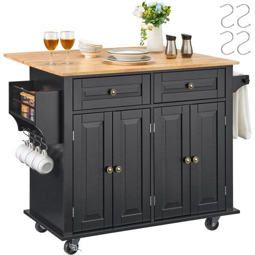 Kitchen Island Cart, 43" Wood Top Mobile Carts with Storage Cabinet, Rolling Table with Drop Leaf, Spice Rack, Towel Bar, Adjustable Shelf, Drawer, and Hooks, Portable Islands on Wheels, Black