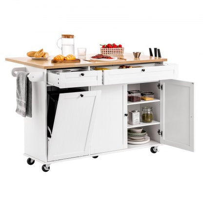 Kitchen Island Cart with Storage, 153 cm Wide Mobile Kitchen Cart with Wheels, Drop Leaf, 2 Drawers, Trash Can Cabinet, Knife Holder, Spice Rack, and Towel Rack, Table for Dining Room, Pantry